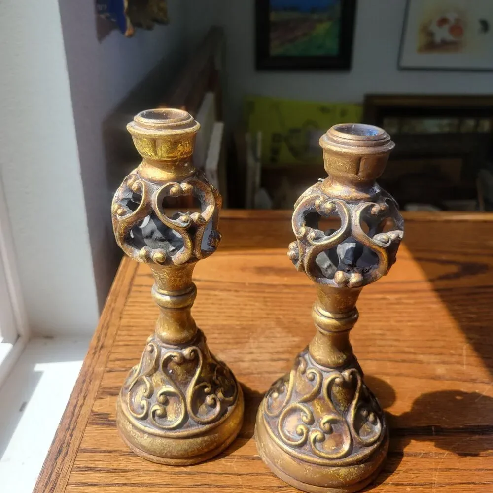 Ornate Candle Scroll Holder Gold Tone  Beige Resin 8 Inches Tall Par Lot Of 2 VG